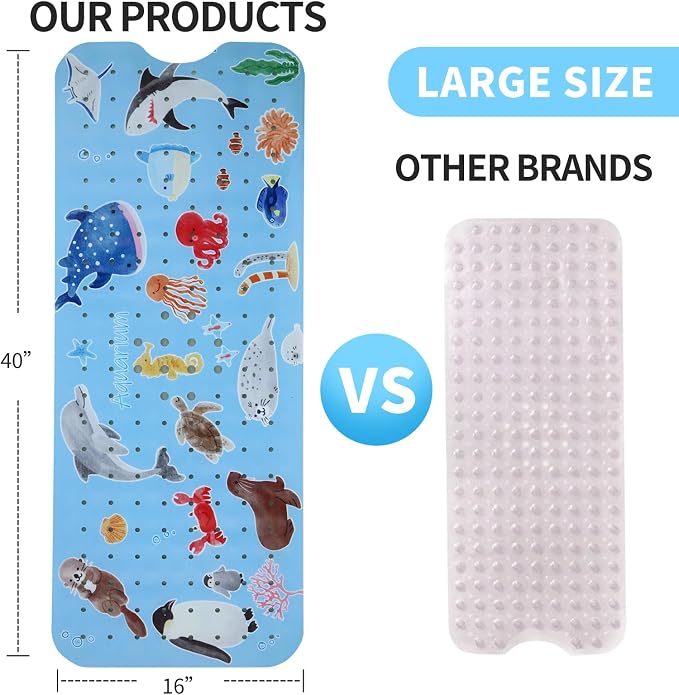 Bath Tub Shower Mat Non Slip Kids Bathtub Mat Anti Slip Baby Bath Mat for Tub 40 x 16 Inch Extra Long Toddler Bath Mat with Suction Cups and Drain Holes for Bathroom Floor,Penguin Seal