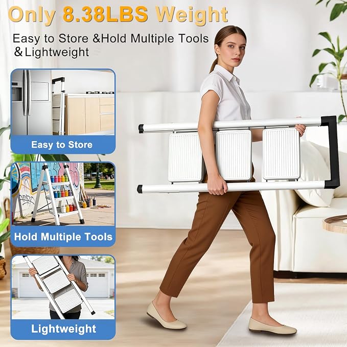 3 Step Ladder with Handrail Folding Step Stool with Tool Tray 500LBS Capacity Sturdy Carbon Steel Frame Anti-Slip Stripe Pedal for Home Kitchen Garage (white-3step)