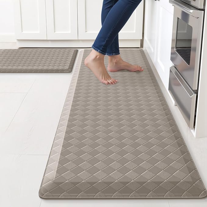 TranquilRelax 4/5 Inch Thick 2-Piece Anti-Fatigue Kitchen Mats, Cushioned Non-Slip Waterproof Sink & Stove Floor Mats, Comfortable Standing Rug Set for Kitchen, Laundry & Entryway, Brown