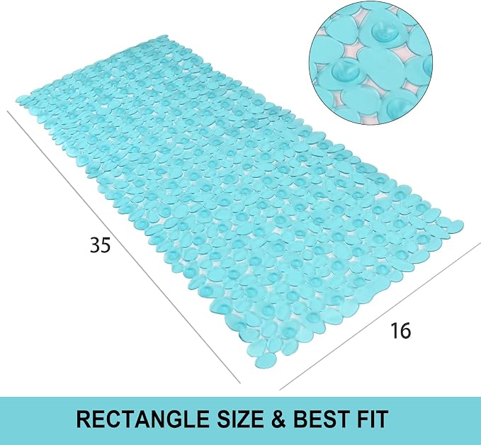 SONGZIMING Bathtub Mat Non Slip Pebble Bath Shower Mat with Drain Holes, Suction Cups Mat for Tub 16" W x 35" L, Clear Green