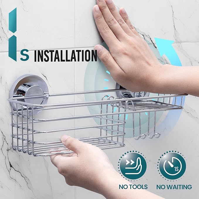 TAILI Shower Caddy Suction Cup with Hooks & Soap Holder, Heavy Duty Bathroom Shower Organizers, Removable Bathroom Shelves for Inside,Stainless Steel Bathroom Holder