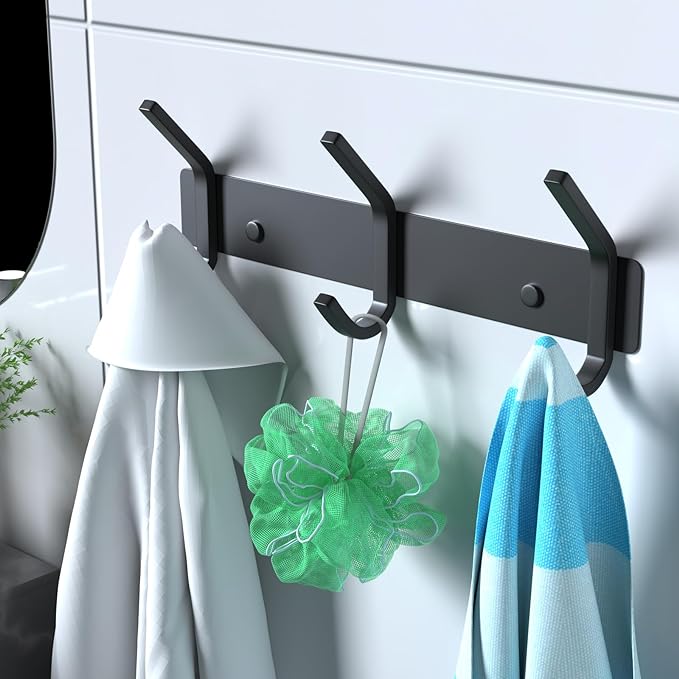 VAEHOLD 2PACK Coat Hooks Wall Hook for Hanging Clothes Robes Towels Hats Heavy Duty Coat Hanger Coat Rack Wall Mount with 3 Hooks - Black