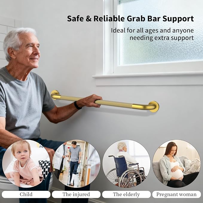 Shower Grab Bar 32 Inch, iHansee Brushed Gold Bathroom Grab Bar w/Anti-Slip Knurled Grip, Stainless Steel Bath Safety Bars Support Handrail for Senior Elderly, Toilet Bathtub Balance Handle for Wall