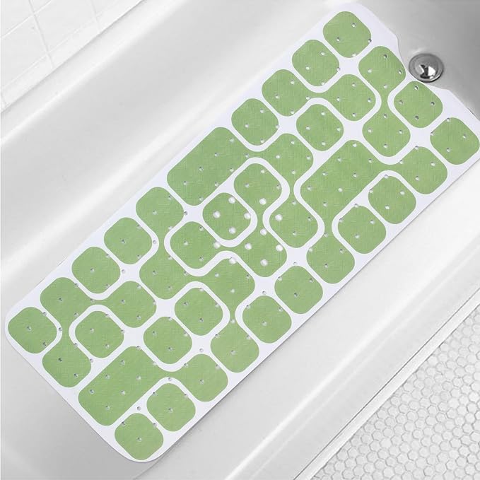 Bathtub Mat Non Slip 40x16 Inch Extra Long Bath Mat, Green Modern Art Shower Mat Non Slip Bath Mat for Tub Anti Slip with Large Drain Holes and Suction Cups,Geometric Design Bathroom Mat for Decor