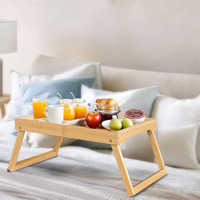 Bamboo Bed Tray Table with Folding Leg, Breakfast in Bed Tray for Eating,TV Table, Laptop Computer,Snack,Sofa or Working, Laptop Desk (1, Beige)
