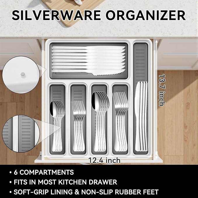 49-Piece Stainless Steel Silverware Set with Cutlery Organizer, Service for 8 with Steak Knives and Kitchen Utensils