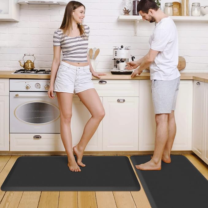 HappyTrends 2 PCS Kitchen Mat Cushioned Anti-Fatigue Floor Mat, Heavy Duty Ergonomic Comfort Foam Standing Mat, Waterproof Non-Slip Kitchen Rugs for Home, Office(17.3"x39"+17.3"x39",Black)
