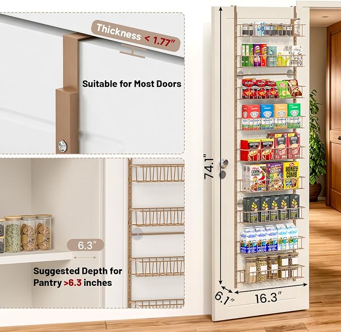 ElegantArray 9-Tier Pantry Door Oragnizer, Over The Door Pantry Organizer Rack and Storage, Hanging Spice Rack Shelves Door, Home Office Laundry Room Bathroom & Kitchen Organization, Brown