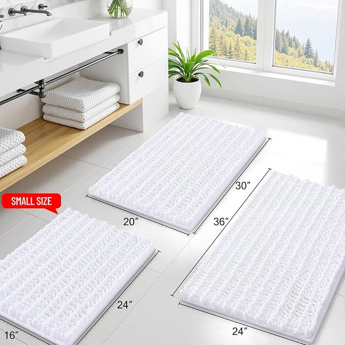 Smiry Bathroom Rugs Mat 44x24, Extra Soft Absorbent Chenille Bath Rugs, Non Slip Rubber Backing Machine Washable Quick Dry Bath Mats for Bathroom Floor, Tub, Shower, Home Decor Accessories, White