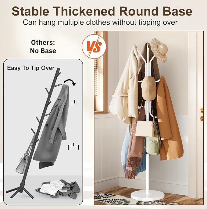MISSLO Heavy Duty Coat Rack Freestanding with Stable Wood Base Modern White Coat Tree with 12 Hooks Adjustable Coats Hanger Stand Stylish Standing Clothes Tree for Entryway Bedroom Corner Hall