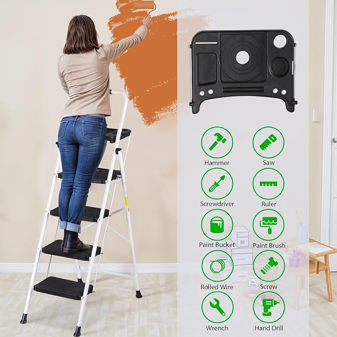 ZENY 4 Step Ladder, Folding Step Stool for Adults, Portable Steel Ladder with Tool Platform, Wide Anti-Slip Pedal, Safety Locking, Lightweight (White)