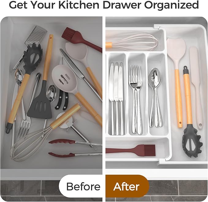 ukeetap Extra Large Expandable Silverware Organizer, BPA-Free Food-Safe Cutlery Flatware Organizer, Kitchen Utensil Drawer Organizer, Adjustable Silverware Holder for Spoons Forks Knives, White