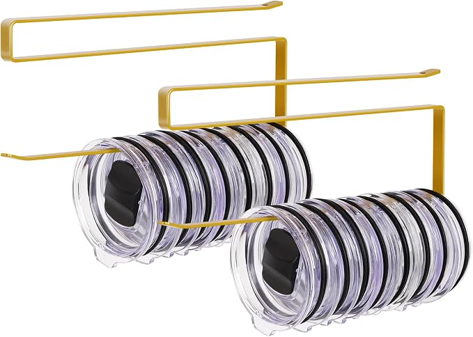 2 Pack Tumbler Lid Organizer, Horizontal Tumbler Lid Storage Hook to Hold Up 20 Lids, Space Saving Cup Lid Holders Under Cabinet Tumbler Lid Hook for Kitchen Organizer, Paper Towel Rack Hanger (Gold)