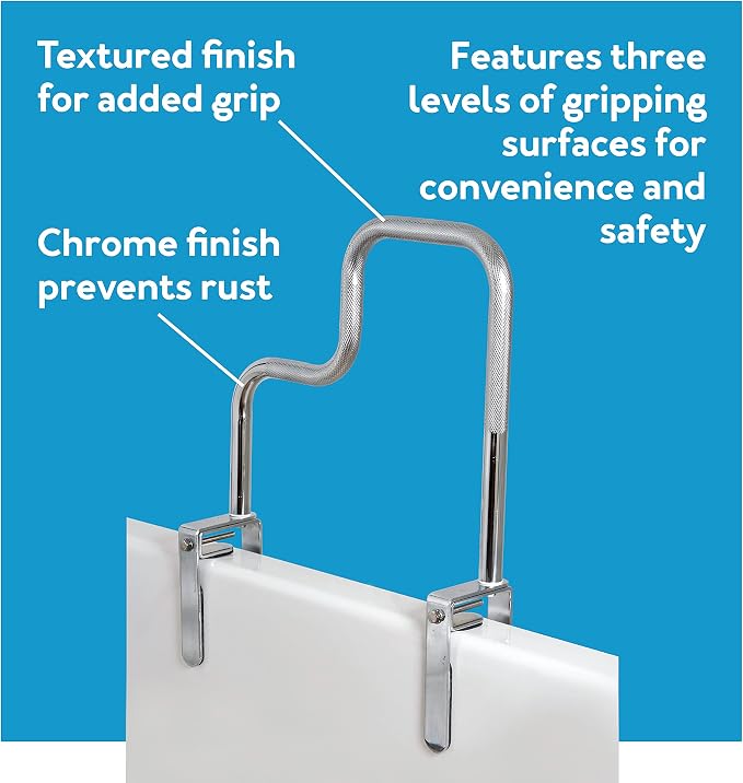 Carex Tri-Grip Bathtub Handle Grab Bar with Chrome Finish, Bathtub Grab Bar for Seniors and Handicap, Detachable Toilet Safety Frame with Handles for Assistance in Getting In and Out of Tub