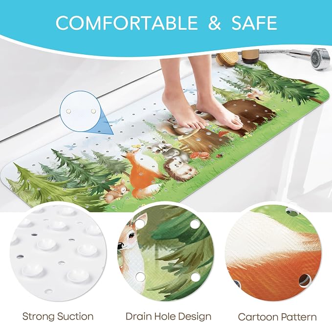 SHUCHING Woodland Animal Bath Mat for Tub Non Slip-40 X 16 Inch, Bathtub Mat Non Slip for Baby Kids, Long Toddler Shower Mat for Bathroom