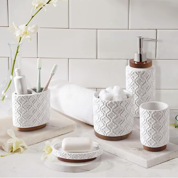 RQYIXI Elegant 5 PCS Ceramic&Wood Bathroom Accessories Set:Soap Dispenser,Toothbrush Holder,Tumbler,Soap Dish,Cotton Swab Jar,Easy to Clean,Quatrefoil Pattern,White-Affordable Home Luxury