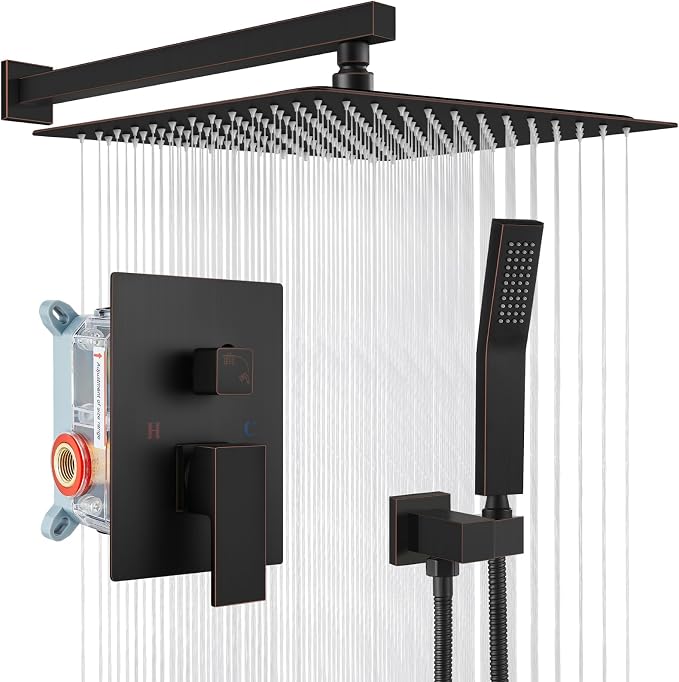 gotonovo Rainfall Bathroom Shower System Rain Shower Head and Handle Set Wall Mounted Shower Complete Combo Solid Brass Pressure Balancing Shower Mixer Valve 16 Inch Oil Rubbed Bronze