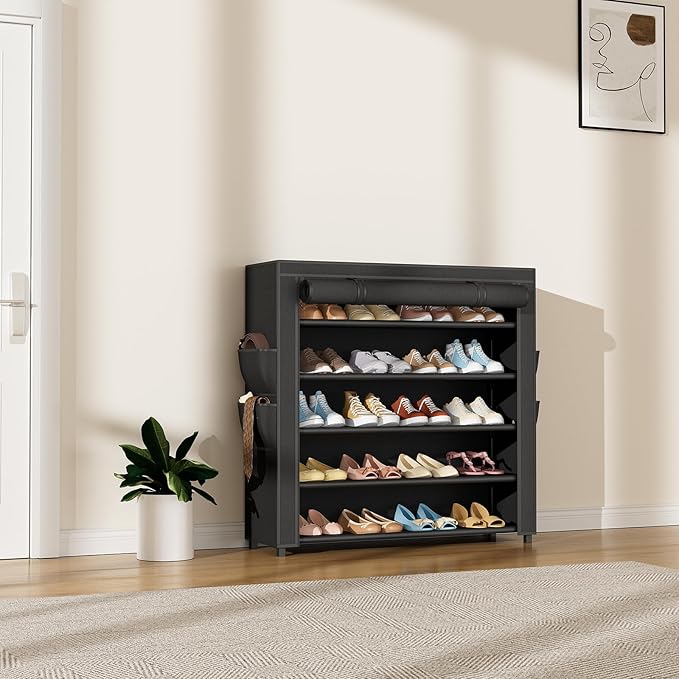 LANTEFUL Shoe Rack with Covers 5 Tier Tall Shoe Rack Organizer Large Capacity Shoe Shelf Storage 20-24 Pairs Space Saving Free Standing Shoe Storage Organizer for Closet, Entryway, Dorm, Black