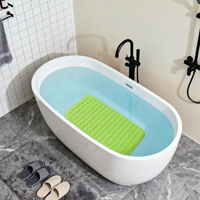 Anti-Slip Bathtub Shower mat, 28×15（ 70×37cm） inch Soft Oversized Machine Washable Non-Slip Bathtub mat with Drainage Holes, Bathroom Floor Suction Cup.（1-Opaque Pea Green）