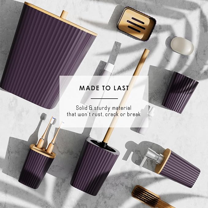 Clara Clark Bathroom Accessories Set - Bathroom Set, Bathroom Accessory Set, Shower Curtain Set, Toilet Brush, Trash Can & Soap Dispenser - Purple - 20PC