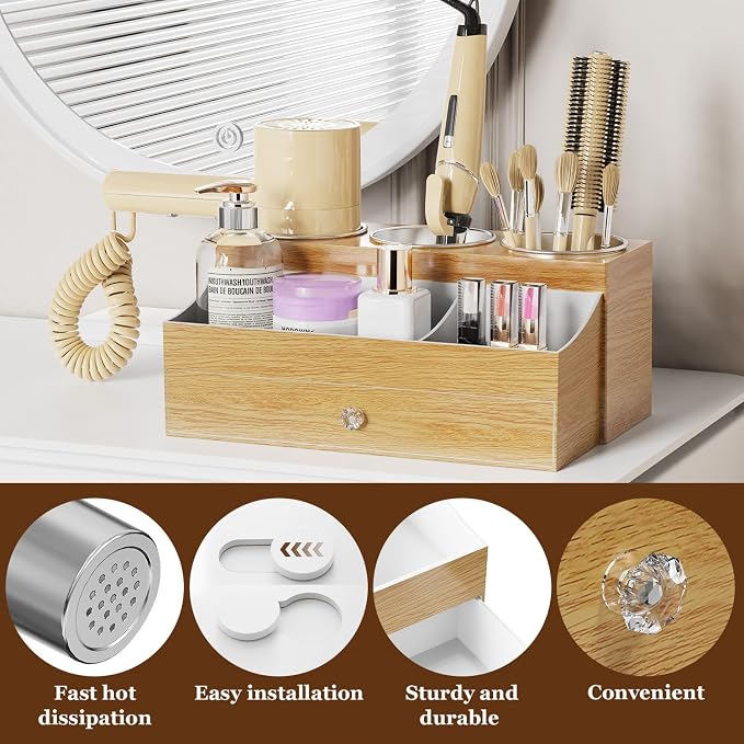 GFWARE Acrylic Hair Dryer Holder with Drawer, Bathroom Organizer Countertop Drawers with 3 Stainless Cups, Makeup Vanity Accessories, Hair Hot Tools Organizer, Toiletry, Wood