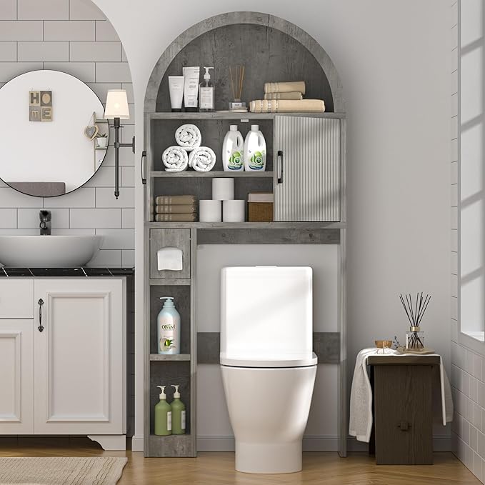 Spurgehom Over The Toilet Storage Cabinet, Bathroom Shelf Organizer Freestanding, Bathroom Arch Cabinet Over Toilet with Toilet Paper Holder and Anti-Tipping Device, Grey