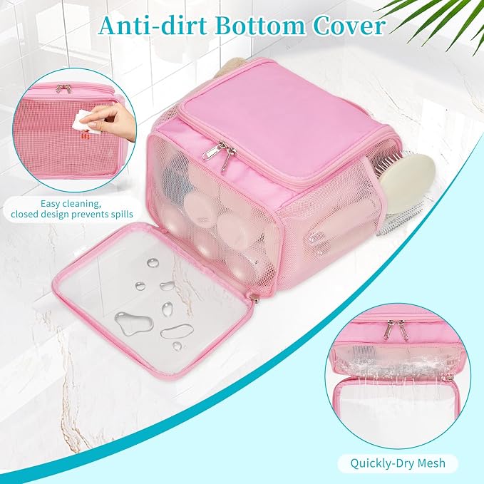 Mesh Shower Caddy Portable, Toiletry Bags for Travel, Hanging Shower Organizer Tote Bag for College Dorm Students Girls Boys, Dry and Wet Separation with Metal Hook - Pink