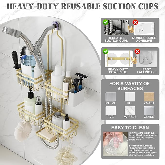 Shower Caddy Hanging for Bathroom Organizers and Storage - 3-Tier Adjustable Anti-Swing Shower Organizer Hanging with Heavy-Duty Suction Cups, Damage-Free Rustproof (Gold)