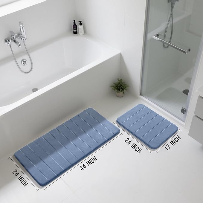 Yimobra Large Bath Mat Set 2 Piece- Super Soft Absorbent Quick Dry Memory Foam Bathroom Rugs, Machine Washable Non Slip Floor Carpet for Tub Shower & Double Vanity (17x24 & 44x24, Denim Blue)