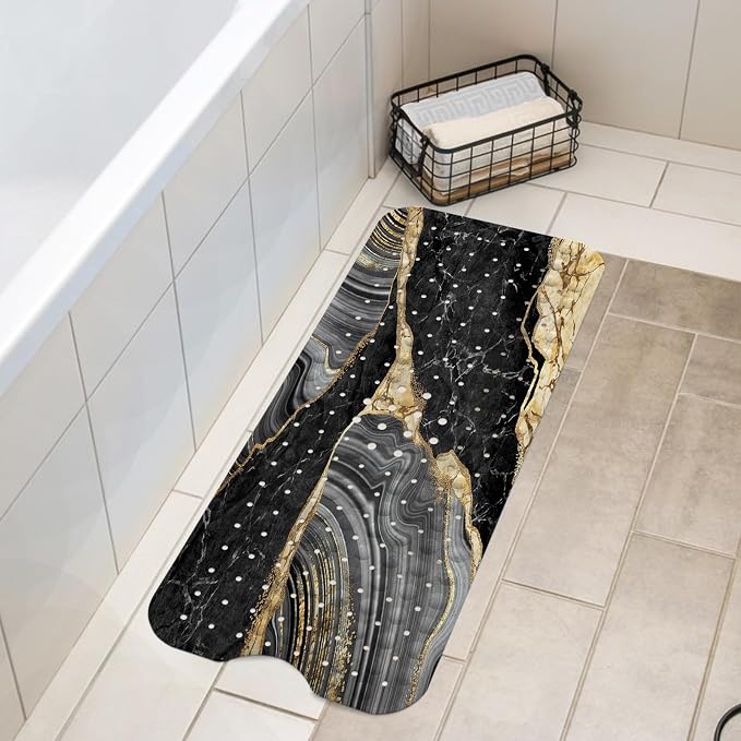 LNOND Marble Bath Tub Mat Non Slip, Extra Long 40 X 16 Inch Anti Slip Mat for Bathtub, Black Gold Luxury Marble Shower Mat with Drain Holes and Suction Cups, Machine Washable