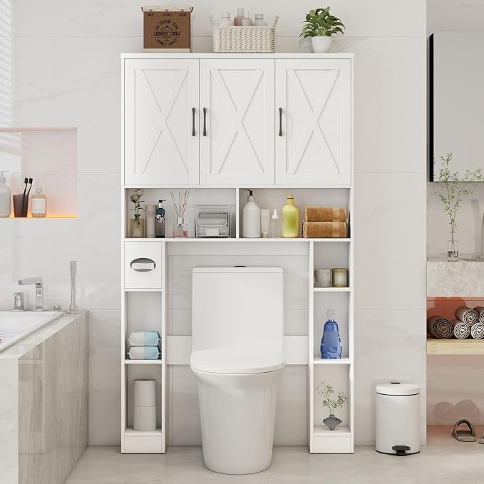 Over The Toilet Storage Cabinet, Farmhouse Toilet Cabinet Rack with 3 Barn Doors, Space Saving Bathroom Organizer with Shelves, Toilet Paper Holder and Towel Rack for Bathroom,Restroom,Laundry, White