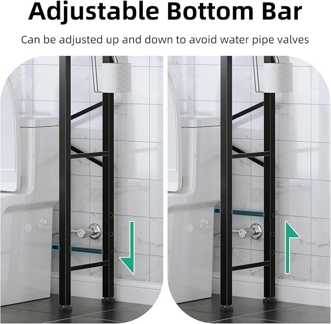 Kalrin Over The Toilet Storage with X Shape Side Guardrail, 3-Tier Over Toilet Storage Rack with Drain Basket, Freestanding Bathroom Organizer for Balcony Laundry, Pure Black