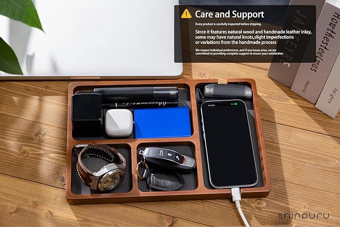 Shinpuru Wooden Valet Tray for Men, Nightstand Organizer with Leather Inlay, EDC Essentials Catchall Tray for Keys, Phone, Wallet, Watch, Earbuds - Bedside Desk Entryway Tray (Wood)