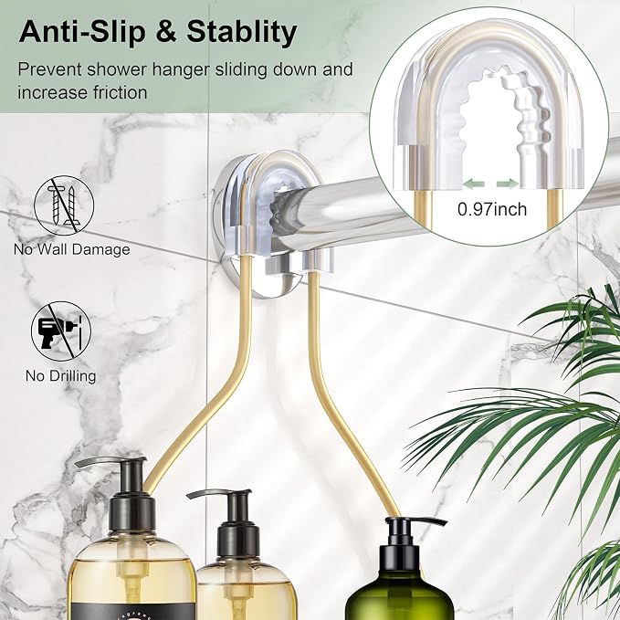 SRIWATANA Shower Caddy Hanging, Bathroom Organizer, No Drilling Shelves Over Shower Head, Bath Rack Holder with Hooks for Razors and Sponge - Gold