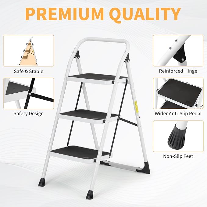 Winado 3 Step Ladder, Folding Step Stool with Wide Anti-Slip Pedal, Lightweight Convenient Handgrip Sturdy Steel Ladder, Portable Steel Step Stool 330 LB Capacity