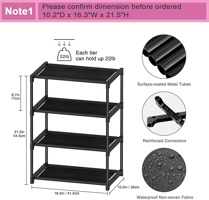 Autonomier 4 Tier Extra Small Shoe Rack (16.3" Wide), Narrow Stackable Kids Toddler Adult Shoe Storage Organizer Shelf for Closet Floor Entryway Bedroom, Space Saver Shoe Rack Organization Shelves