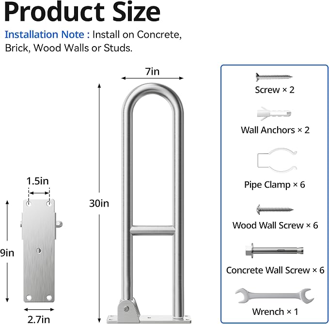 Toilet Grab Bar, Bathroom Safety Handrail Wall Mounted, 304 Stainless Steel Flip Up Folding Support Rail for Elderly Seniors and Handicap Assistance (30 Inch)