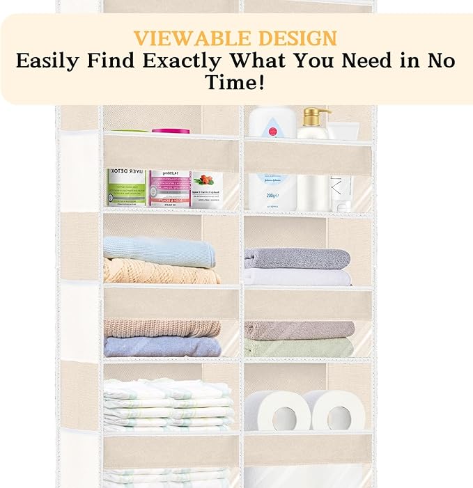 Ofiray-home Over the Door Organizer 6 Tiers, Extra Large Behind Door Storage of 12 Compartments,80 lbs Weight Capacity Hanging Storage Organizer with Clear Window Kids Toys, Shoes, Diapers,Beige