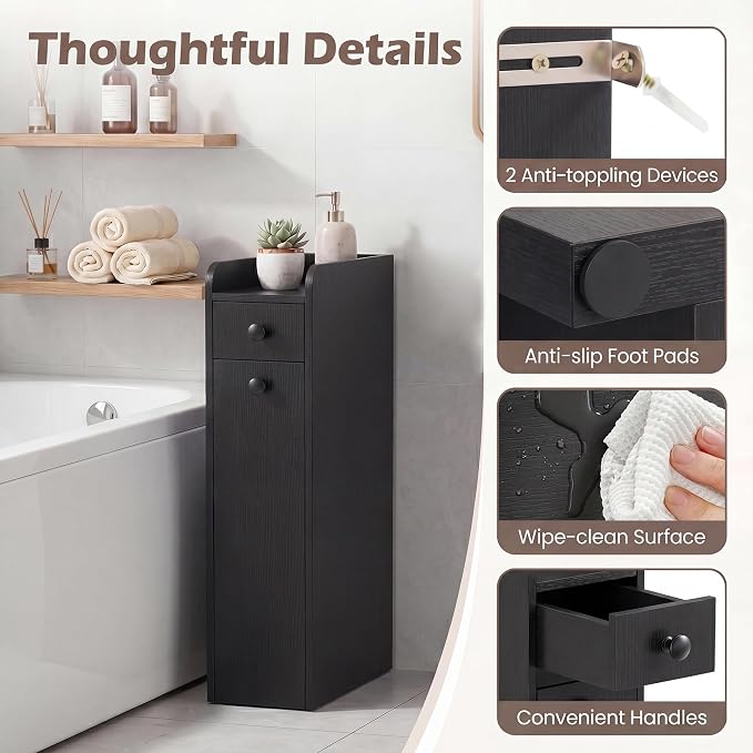 COSTWAY Slim Bathroom Cabinet, 7" Wide Space-Saving Storage with 2-Tier Slide-Out Drawer, Shelf & Toilet Paper Holder, Freestanding Narrow Organizer for Bathroom, Laundry & Small Spaces (Black)