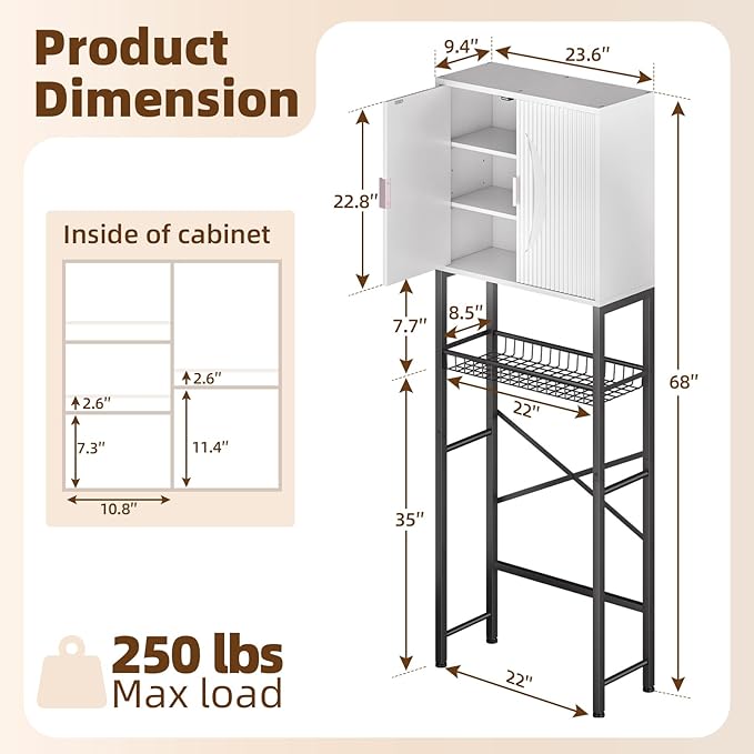 Kalrin Over The Toilet Storage Cabinet with Fluted Wave Doors and Adjustable Shelf, Wood Over Toilet Storage Rack with Drain Basket, Freestanding Bathroom Organizer for Balcony Laundry, White & Black