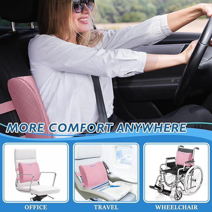 Lumbar Support Pillow for Office Chair Back Support Lumbar Pillow for Car, Gaming, Office Chair - Improve Sitting Posture & Back Pain Relief, Memory Foam, Adjustable Straps, Pink
