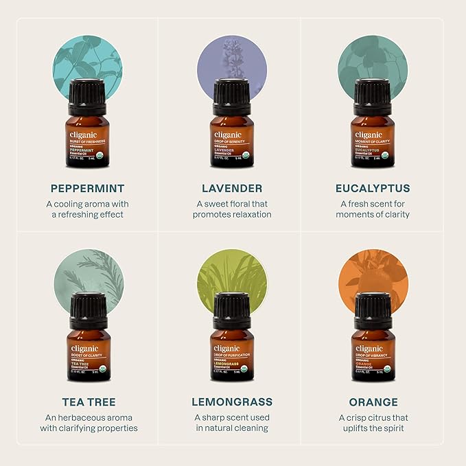 Cliganic Organic Aromatherapy Essential Oils Set (Top 6 - The Essentials), 100% Pure Natural - Peppermint, Lavender, Eucalyptus, Tea Tree, Lemongrass & Orange (Packaging May Vary)