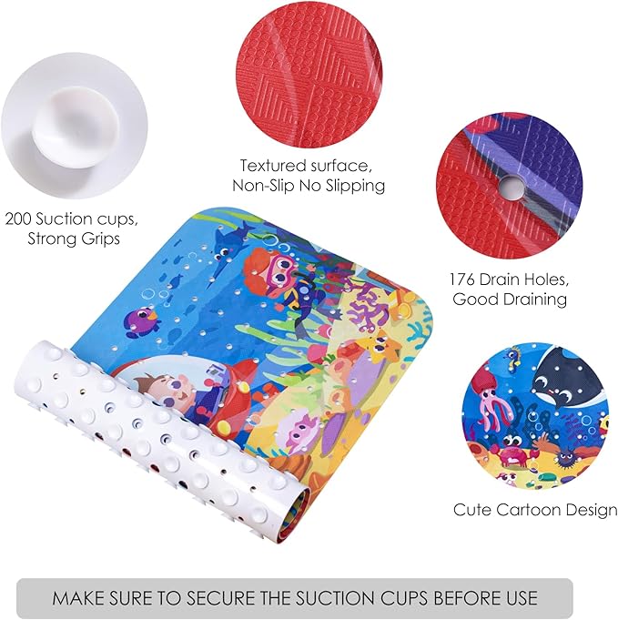 Bath Mats for Tub Kids - Large Cartoon Non-Slip Bathroom Bathtub Kid Mat for Baby Toddler Anti-Slip Shower Mats for Floor 40x16,with Drain Holes and Suction Cups Machine Washable, Boy - Submersible
