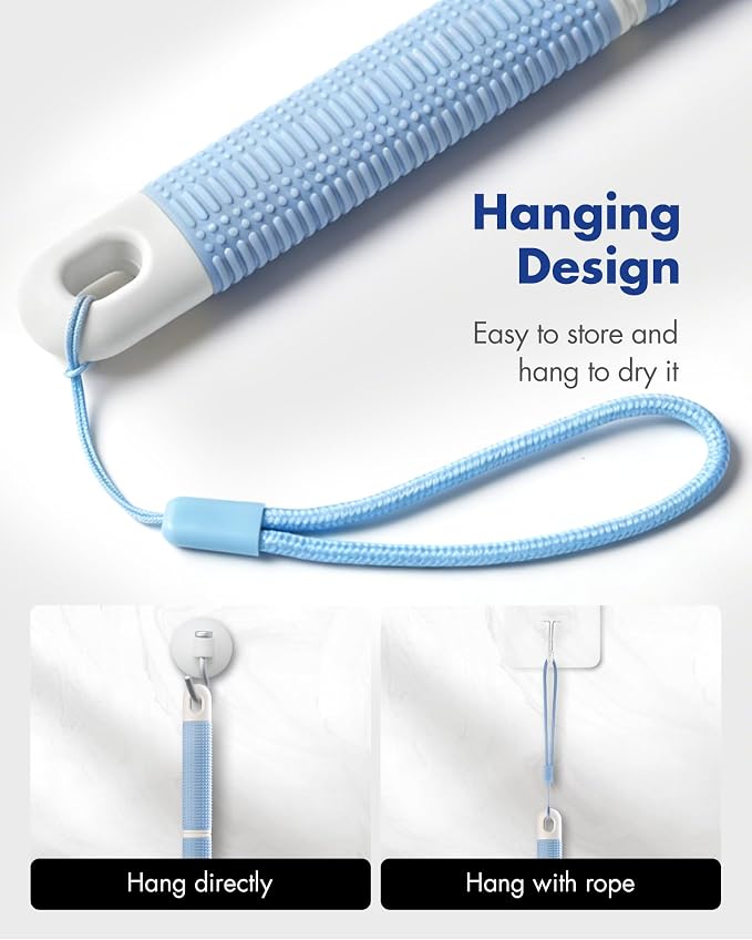 Back Scrubber Body Shower Brush: Anti Slip Long Handle Bath Brush with Stiff and Soft Bristles - Showering Exfoliator Wet or Dry Brushing for Women, Men, Elderly (Blue)