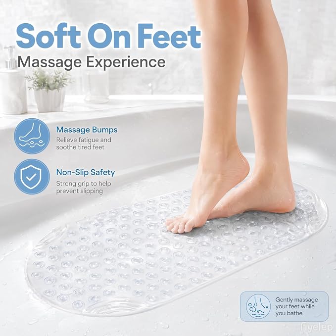 Anti Slip Bathtub Mat,Non Slip Bath Mat,16x35 Inch Extra Long Tub Mat,Machine Washable Bathroom Shower Mat with Suction Cups and Drainage Holes,Soft on Feet (White)