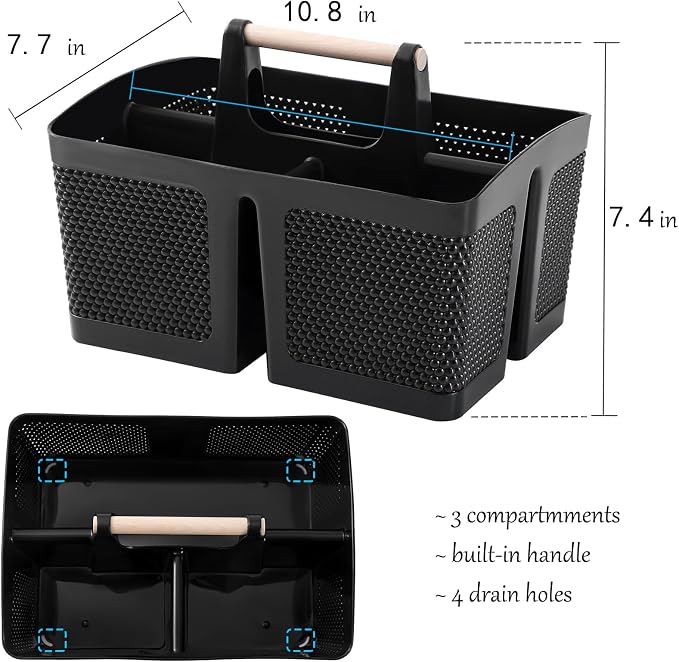 rejomiik Portable Shower Caddy Basket Plastic Cleaning Caddy Organizer Storage Tote with Handle for Bathroom, College, Dorm Room Essentials, Black