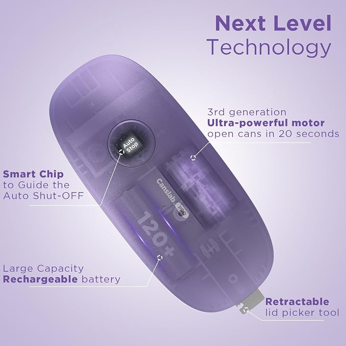Canslab Ultrablade PRO Auto Stop USB Rechargeable Can Opener for Kitchen for Seniors with Arthritis, Long Battery Life, Handfree One Touch, Side Cut for Smooth Edge, Wall Mounted Small Size, Lilac