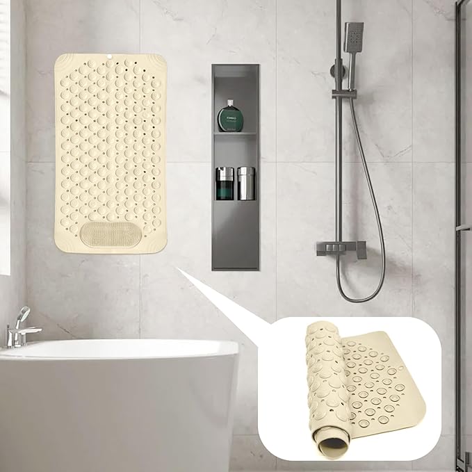 Bathtub Mat 27x14 inch Non Slip Shower Mat with Suction Cups, Anti Slip Shower Mat with Drain Holes Foot Scrubber, Machine Washable Bath Tub Shower StallMat (Khaki)