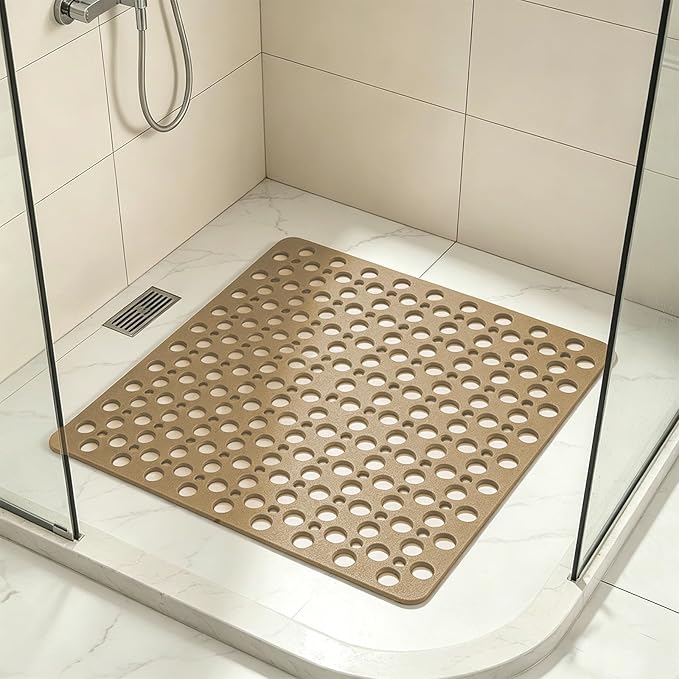 Casa and Beyond Shower Mat, Secure Shower Mats Easy to Clean, Showers Mat with Suction Cup, Washable Non-Slip Bathtub Mats for Inside Showers (Coffee,20.9 * 20.9 in)