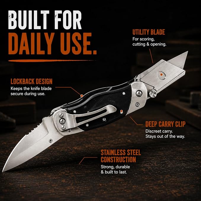 Folding Utility Knife with Belt Clip, Heavy Duty Pocket Knife & Box Cutter Gift Set for Men - Ideal for Work and Everyday Carry